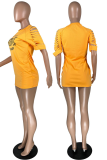 Orange Sexy Print Hollowed Out O Neck Pencil Skirt Dresses