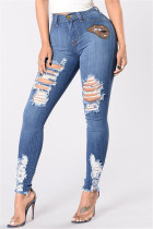 Deep Blue Fashion Casual Ripped High Waist Regular Jeans