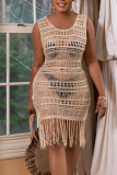 Brown Sexy Solid Tassel Hollowed Out Split Joint Swimwears Cover Up