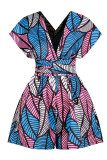 Blue Casual Print Bandage Patchwork Asymmetrical Collar Straight Rompers
