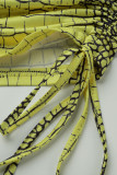 Yellow Sexy Print Hollowed Out Patchwork Asymmetrical Oblique Collar Pencil Skirt Dresses