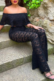 Black Fashion Casual Solid Patchwork Backless Off the Shoulder Short Sleeve Two Pieces