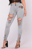 Grey Fashion Casual Ripped High Waist Regular Jeans