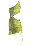 Yellow Sexy Print Hollowed Out Patchwork Asymmetrical Oblique Collar Pencil Skirt Dresses