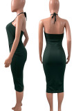 Brownness Sexy Solid Hollowed Out Split Joint Halter One Step Skirt Dresses