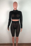 Black Fashion Sexy Casual Solid Hollowed Out See-through Half A Turtleneck Long Sleeve Two Pieces