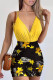 Yellow Sexy Print Patchwork Spaghetti Strap Two Pieces