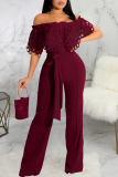 Blue Casual Solid Lace Off the Shoulder Boot Cut Jumpsuits