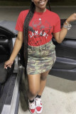 Army Green Fashion Casual Camouflage Print Basic Regular High Waist Skirts