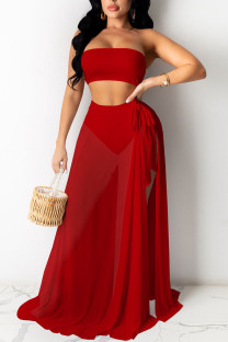 Red Sexy Solid Split Joint Slit Strapless Sleeveless Three Pieces