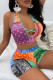 Purple Sexy Print Patchwork Backless Halter Sleeveless Two Pieces