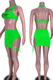Green Sexy Print Hollowed Out Patchwork Halter Sleeveless Two Pieces