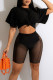 Black Sexy Solid Patchwork O Neck Short Sleeve Two Pieces