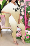 Pink Casual Gradual Change Patchwork V Neck Half Sleeve Two Pieces