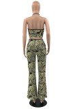 Yellow Fashion Sexy Print Hollowed Out Backless Strapless Sleeveless Two Pieces