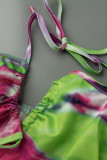 Light Blue Fashion Sexy Print Tie Dye Hollowed Out Frenulum Backless Swimwears