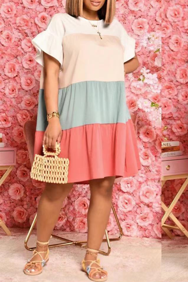 Red Casual Patchwork Flounce O Neck Cake Skirt Dresses