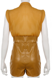 Khaki Sexy Solid Patchwork Turndown Collar Skinny Rompers