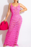 Rose Red Sexy Solid Tassel Hollowed Out Patchwork Swimwears Cover Up
