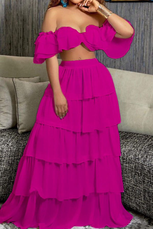 Rose Red Sexy Solid Patchwork Flounce Off the Shoulder Short Sleeve Two Pieces