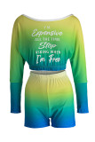 Fluorescent Yellow Fashion Casual Gradual Change Letter Print Basic O Neck Long Sleeve Two Pieces
