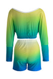 Fluorescent Green Fashion Casual Gradual Change Letter Print Basic O Neck Long Sleeve Two Pieces