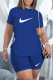 Royal Blue Fashion Casual Print Patchwork O Neck Short Sleeve Two Pieces
