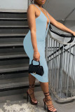 Sky Blue Sexy Solid Hollowed Out Split Joint Halter One Step Skirt Dresses