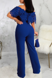 Blue Casual Solid Lace Off the Shoulder Boot Cut Jumpsuits