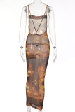 Blue Sexy Print Mesh Spaghetti Strap Pencil Skirt Dresses