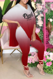 Pink Casual Gradual Change Patchwork V Neck Half Sleeve Two Pieces