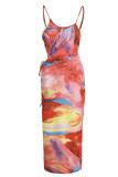Pink Sexy Print Hollowed Out Split Joint Frenulum Spaghetti Strap One Step Skirt Dresses