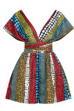 Multicolor Casual Print Bandage Patchwork Asymmetrical Collar Straight Rompers