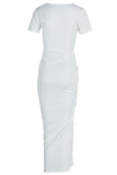 Coffee Sexy Casual Solid Bandage Draw String Slit O Neck Short Sleeve Dress