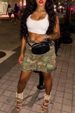 Army Green Fashion Casual Camouflage Print Basic Regular High Waist Skirts