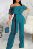 Blue Casual Solid Lace Off the Shoulder Boot Cut Jumpsuits