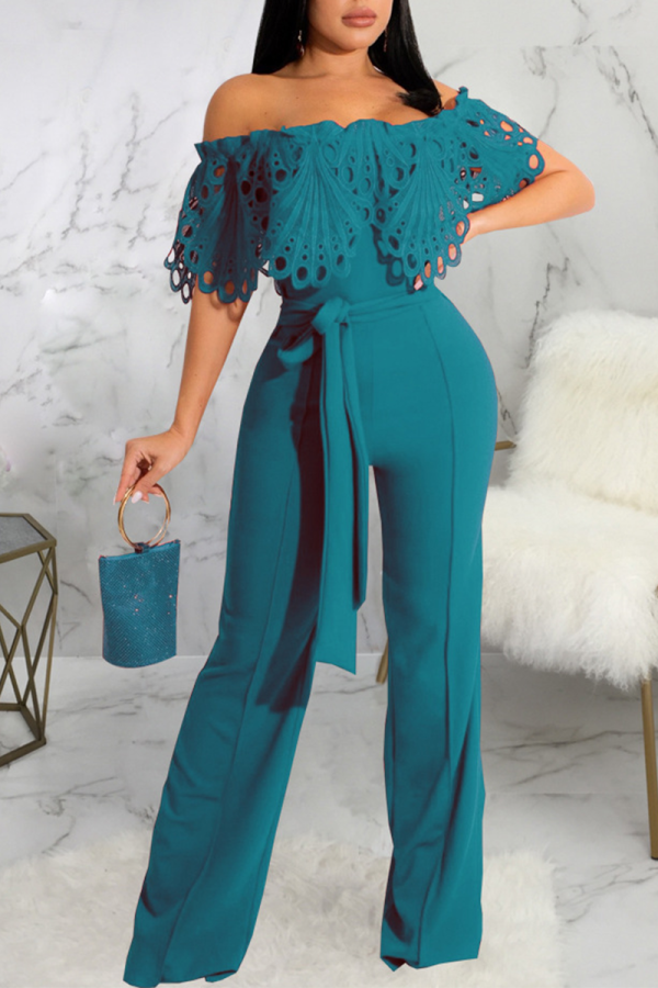Lake Blue Casual Solid Lace Off the Shoulder Boot Cut Jumpsuits