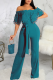 Lake Blue Casual Solid Lace Off the Shoulder Boot Cut Jumpsuits