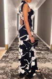 Black Fashion Casual Print Without Belt Turtleneck Regular Jumpsuits
