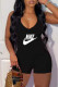 Black Fashion Casual Print Letter V Neck Rompers