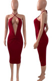 Burgundy Sexy Solid Hollowed Out Split Joint Halter One Step Skirt Dresses
