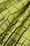 Yellow Sexy Print Hollowed Out Patchwork Asymmetrical Oblique Collar Pencil Skirt Dresses