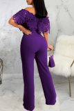 Blue Casual Solid Lace Off the Shoulder Boot Cut Jumpsuits