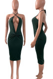 Ink Green Sexy Solid Hollowed Out Split Joint Halter One Step Skirt Dresses
