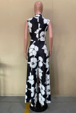Black Fashion Casual Print Without Belt Turtleneck Regular Jumpsuits