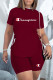 Burgundy Fashion Street Print Patchwork O Neck Short Sleeve Two Pieces
