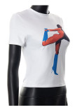 White Casual Print Patchwork O Neck T-Shirts