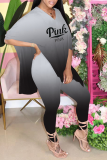 Pink Casual Gradual Change Patchwork V Neck Half Sleeve Two Pieces