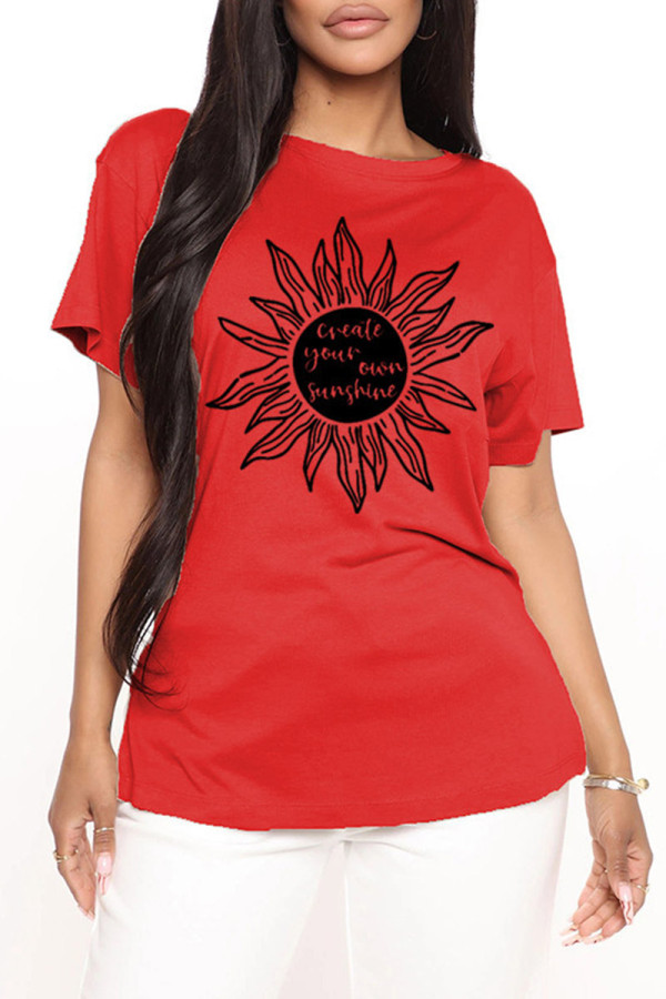 Red Fashion Casual Print Basic O Neck T-Shirts