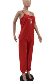 Red Casual Street Print Patchwork Spaghetti Strap Straight Jumpsuits